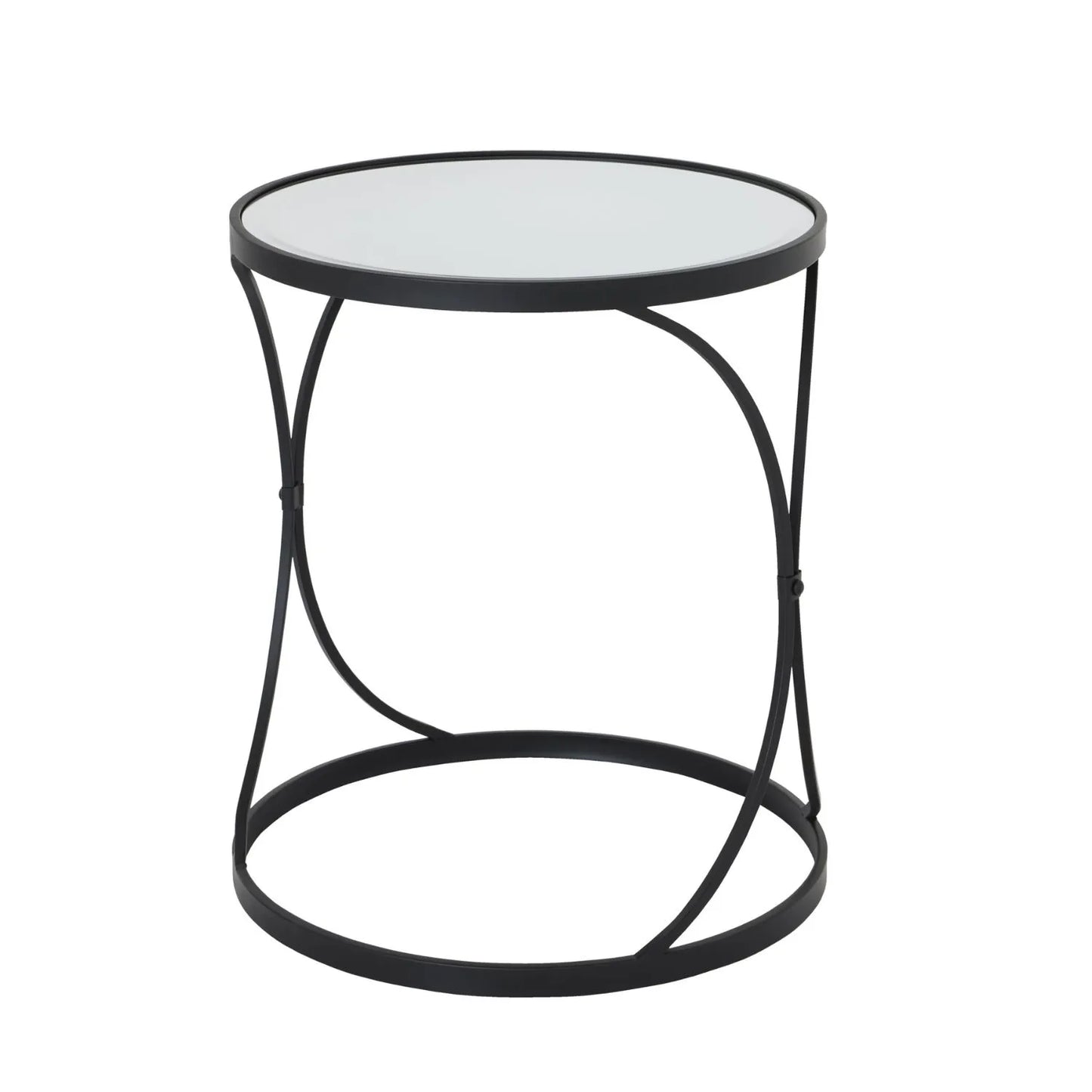 Set of 2 Black Metal Round Nesting Side Tables with Mirrored Glass Tops, Sculptural Curved Open Frame Design and Space Saving Nesting Layout – Contemporary Sofa End Lamp Tables for Living Room Lounge or Bedroom 58x51x51cm | Click Style