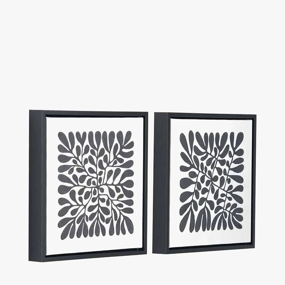 Set of 2 Black & White Square Leaf Canvas Wall Art – Monochrome Botanical Design with Slim Black Frames 30x30cm - Click Style