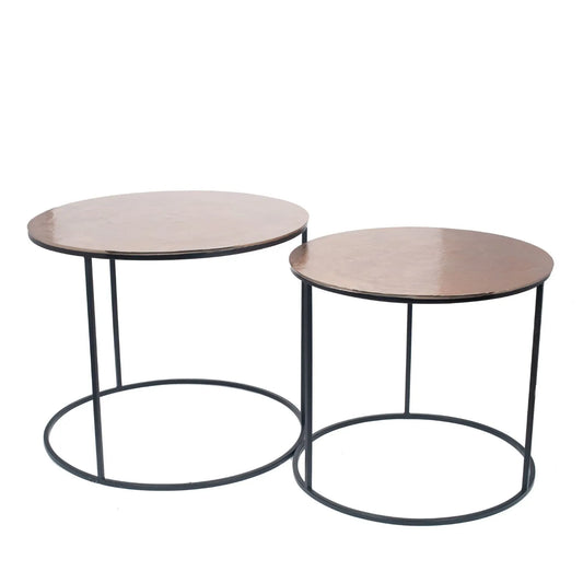 Set of 2 Champagne Gold Nesting Side Tables with Matt Black Metal Frame – Round Stacking Accent Tables 57x68.5cm - Click Style