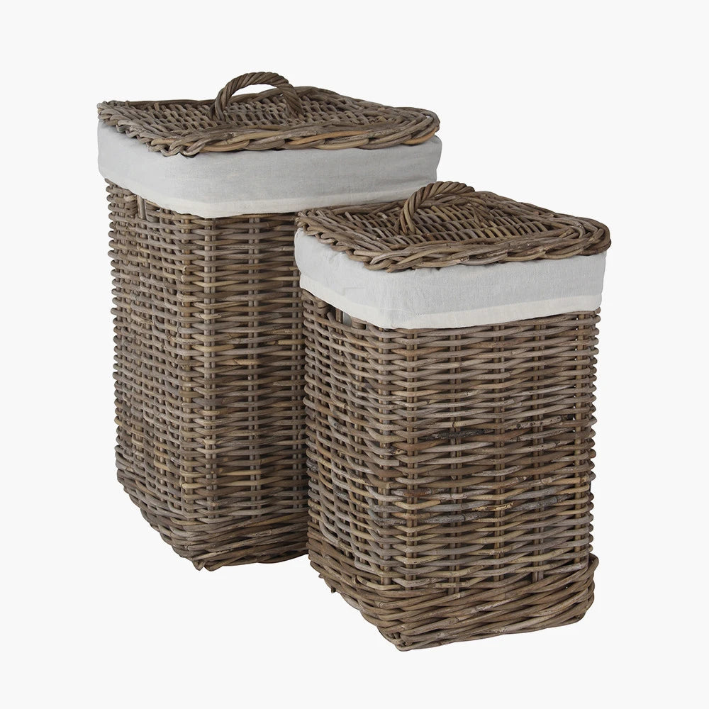 Set of 2 Grey Rattan Kubu Square Laundry Baskets with Lids Handles & Linen Lining – Decorative Storage for Home - Click Style