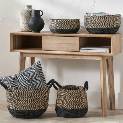 Set of 2 Round Natural & Black Seagrass Baskets – Two Tone Woven Storage for Stylish Home Organisation 20x38x38cm - Click Style