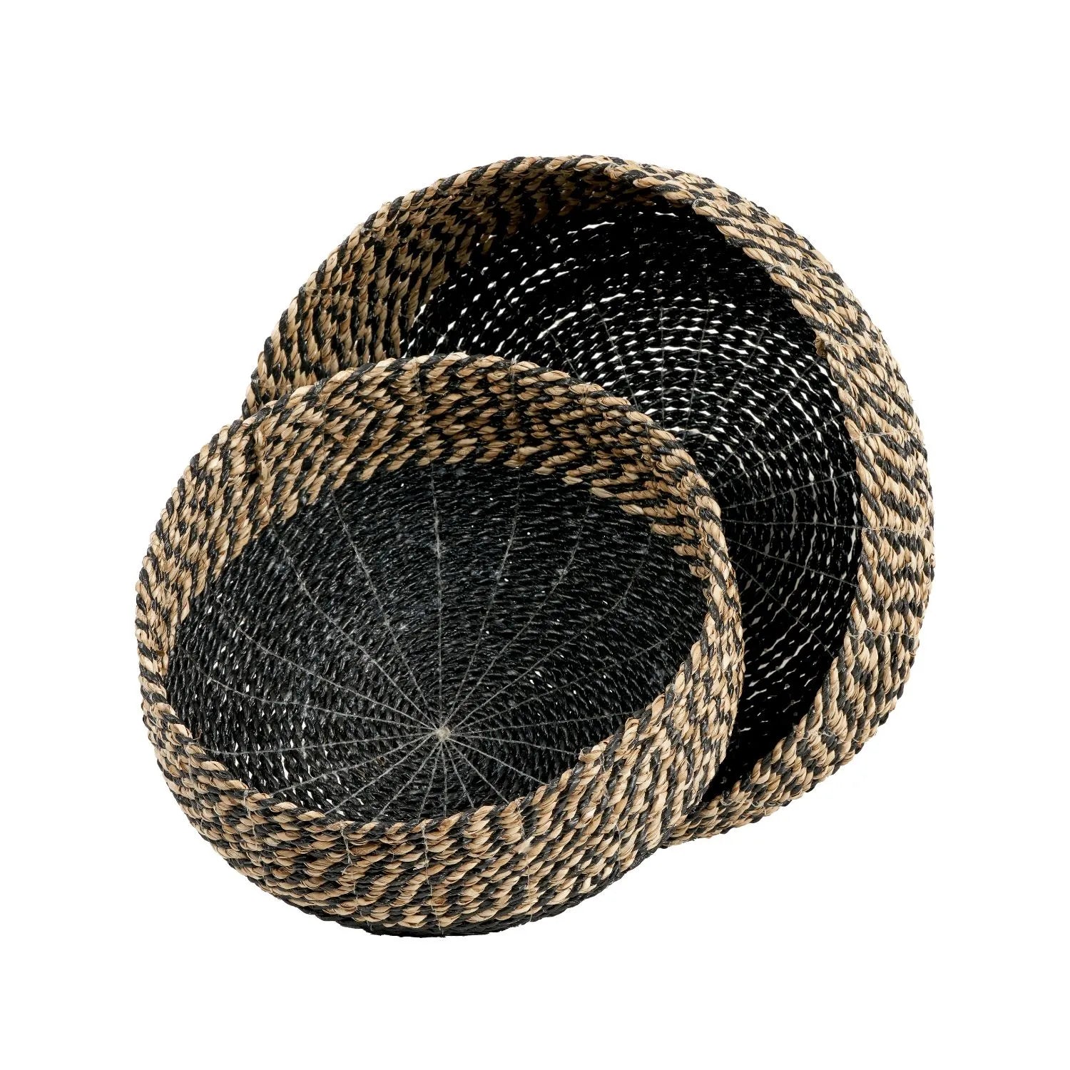 Set of 2 Round Natural & Black Seagrass Baskets – Two Tone Woven Storage for Stylish Home Organisation 20x38x38cm - Click Style