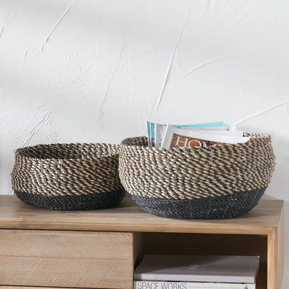 Set of 2 Round Natural & Black Seagrass Baskets – Two Tone Woven Storage for Stylish Home Organisation 20x38x38cm - Click Style