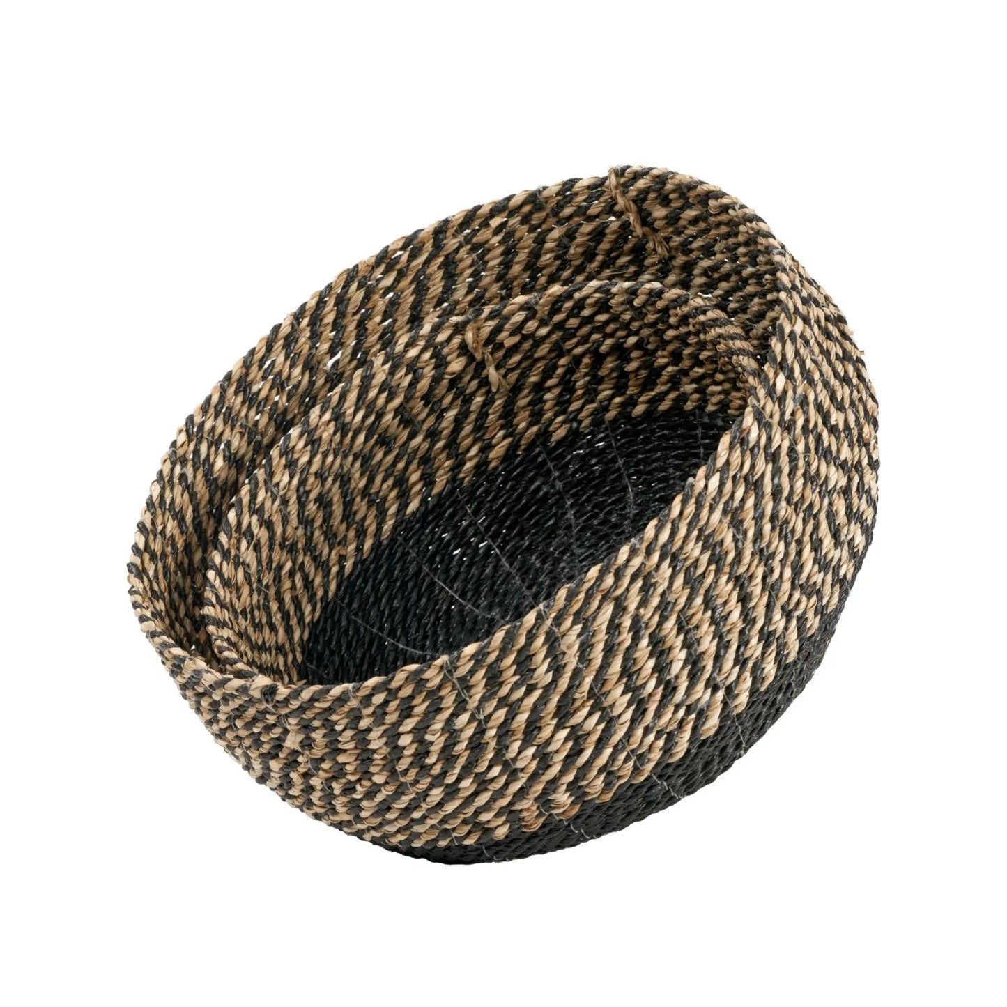 Set of 2 Round Natural & Black Seagrass Baskets – Two Tone Woven Storage for Stylish Home Organisation 20x38x38cm - Click Style