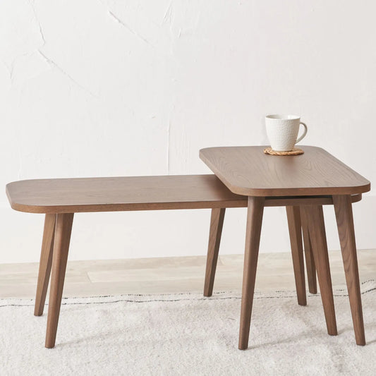 Set of 2 Scandinavian coffee tables with retro curved design in dark ash wood & veneer – nesting occasional tables H35xW90xD40cm | Click Style