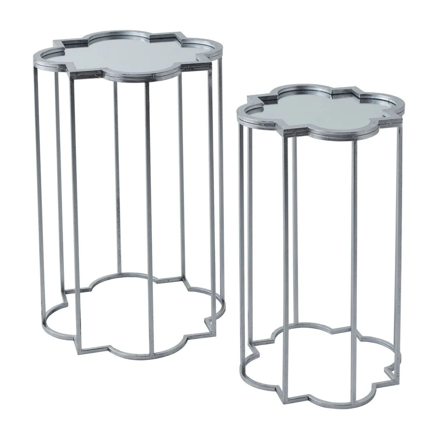 Set of 2 Silver Mirrored Quatrefoil Nesting Side Tables with Handcrafted Metal Frames, Bevelled Mirrored Tops and Geometric Openwork Design – Modern Occasional Lamp Tables for Living Room, Bedroom or Hallway H69xW19xD19cm & H62xW16xD16cm | Click Style