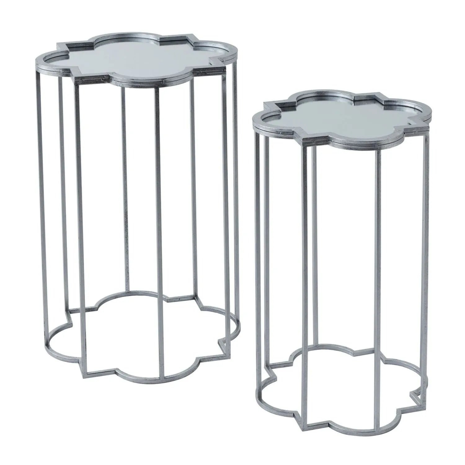 Set of 2 Silver Mirrored Quatrefoil Nesting Side Tables with Handcrafted Metal Frames, Bevelled Mirrored Tops and Geometric Openwork Design – Modern Occasional Lamp Tables for Living Room, Bedroom or Hallway H69xW19xD19cm & H62xW16xD16cm | Click Style