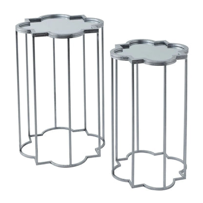 Set of 2 Silver Mirrored Quatrefoil Nesting Side Tables with Handcrafted Metal Frames, Bevelled Mirrored Tops and Geometric Openwork Design – Modern Occasional Lamp Tables for Living Room, Bedroom or Hallway H69xW19xD19cm & H62xW16xD16cm | Click Style