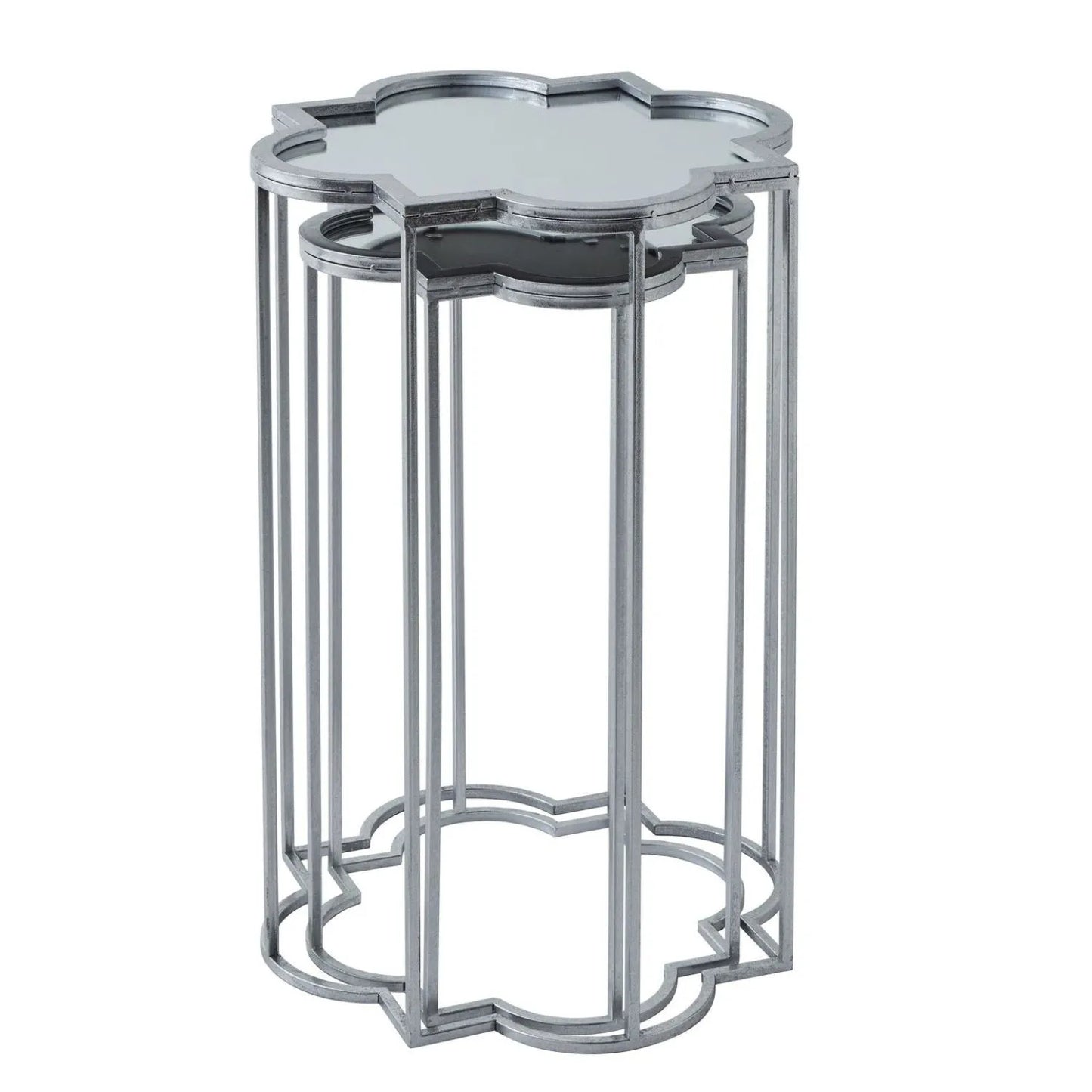 Set of 2 Silver Mirrored Quatrefoil Nesting Side Tables with Handcrafted Metal Frames, Bevelled Mirrored Tops and Geometric Openwork Design – Modern Occasional Lamp Tables for Living Room, Bedroom or Hallway H69xW19xD19cm & H62xW16xD16cm | Click Style