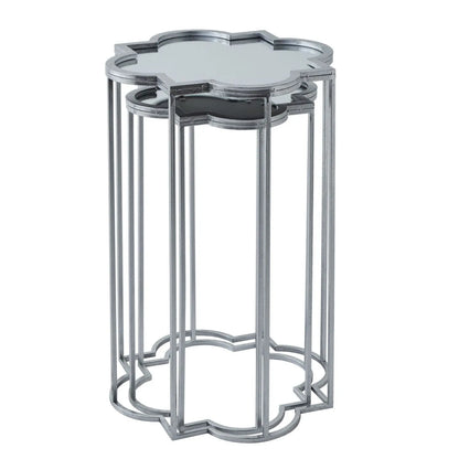 Set of 2 Silver Mirrored Quatrefoil Nesting Side Tables with Handcrafted Metal Frames, Bevelled Mirrored Tops and Geometric Openwork Design – Modern Occasional Lamp Tables for Living Room, Bedroom or Hallway H69xW19xD19cm & H62xW16xD16cm | Click Style