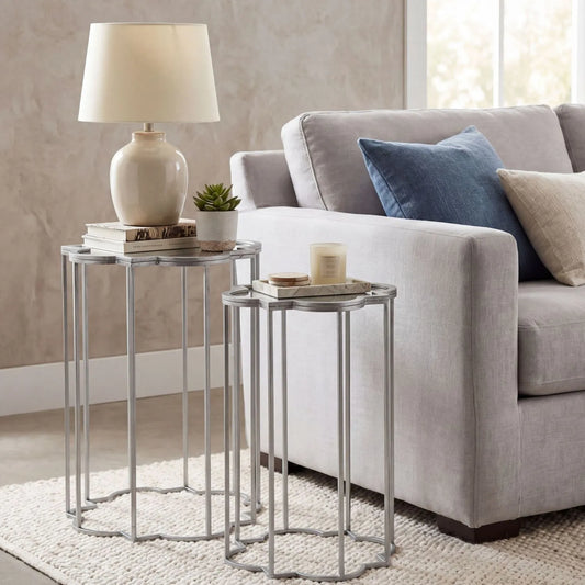 Set of 2 Silver Mirrored Quatrefoil Nesting Side Tables with Handcrafted Metal Frames, Bevelled Mirrored Tops and Geometric Openwork Design – Modern Occasional Lamp Tables for Living Room, Bedroom or Hallway H69xW19xD19cm & H62xW16xD16cm | Click Style