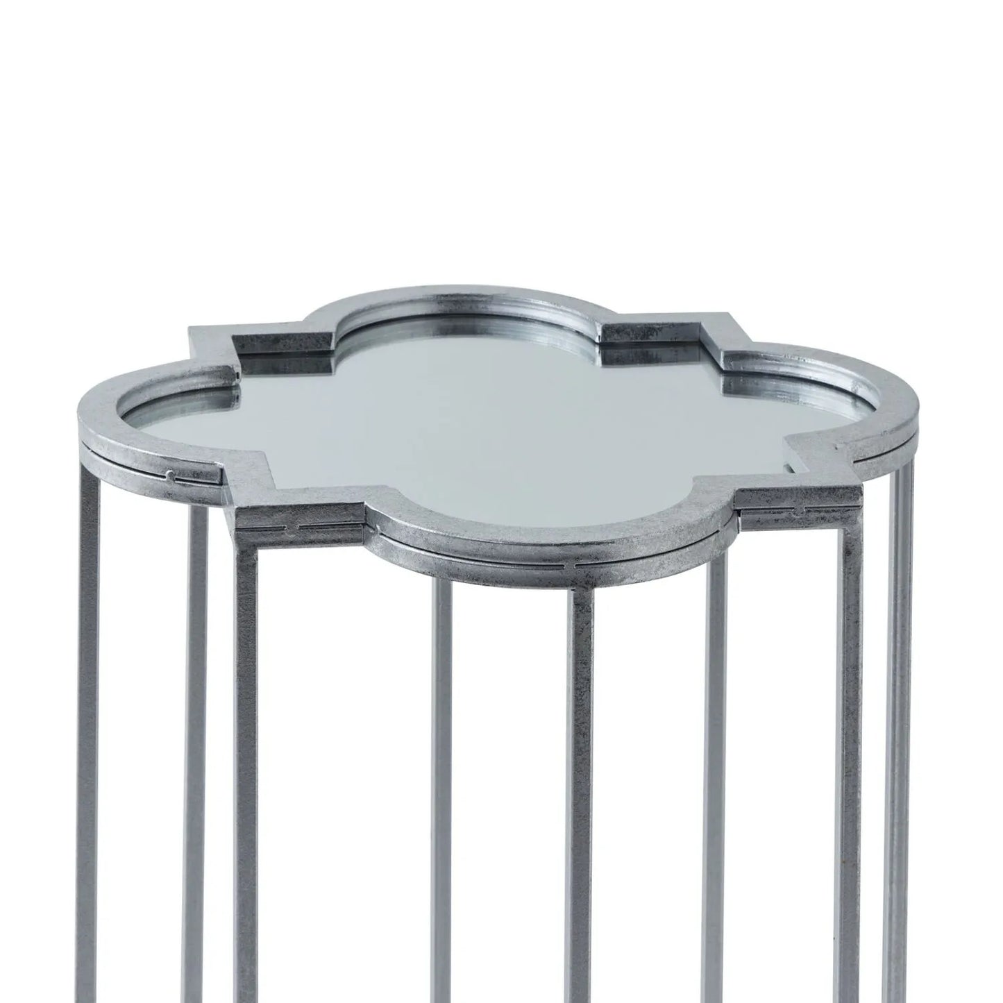 Set of 2 Silver Mirrored Quatrefoil Nesting Side Tables with Handcrafted Metal Frames, Bevelled Mirrored Tops and Geometric Openwork Design – Modern Occasional Lamp Tables for Living Room, Bedroom or Hallway H69xW19xD19cm & H62xW16xD16cm | Click Style