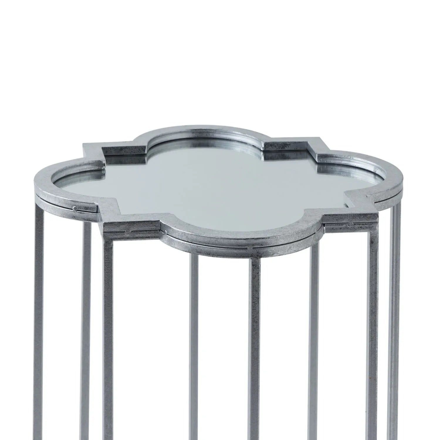 Set of 2 Silver Mirrored Quatrefoil Nesting Side Tables with Handcrafted Metal Frames, Bevelled Mirrored Tops and Geometric Openwork Design – Modern Occasional Lamp Tables for Living Room, Bedroom or Hallway H69xW19xD19cm & H62xW16xD16cm | Click Style