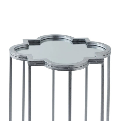 Set of 2 Silver Mirrored Quatrefoil Nesting Side Tables with Handcrafted Metal Frames, Bevelled Mirrored Tops and Geometric Openwork Design – Modern Occasional Lamp Tables for Living Room, Bedroom or Hallway H69xW19xD19cm & H62xW16xD16cm | Click Style