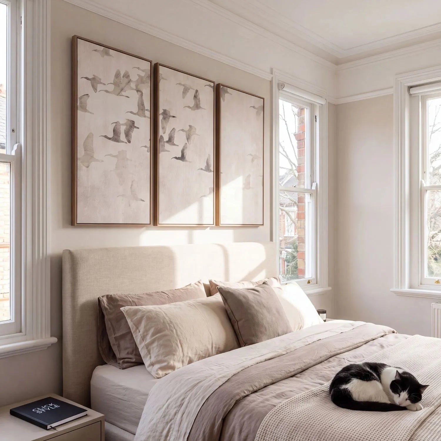 Set of 3 Large Neutral Beige & White Framed Canvas Bird Wall Art Featuring Ibis Birds with Natural Frames Triptych Wall Art 120x60x4cm | Click Style