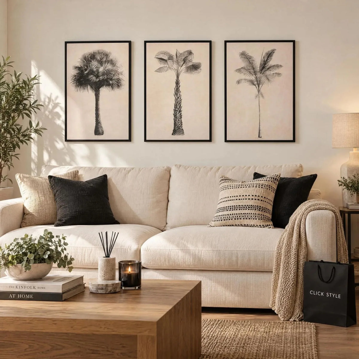 Set of 3 Neutral Beige & Black Framed Palm Tree Canvas Prints with Vintage Botanical Illustrations – Triptych Artwork 60x40x4cm displayed above a cream sofa with black and beige cushions in a warm contemporary living room | Click Style