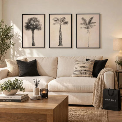 Set of 3 Neutral Beige & Black Framed Palm Tree Canvas Prints with Vintage Botanical Illustrations – Triptych Artwork 60x40x4cm displayed above a cream sofa with black and beige cushions in a warm contemporary living room | Click Style
