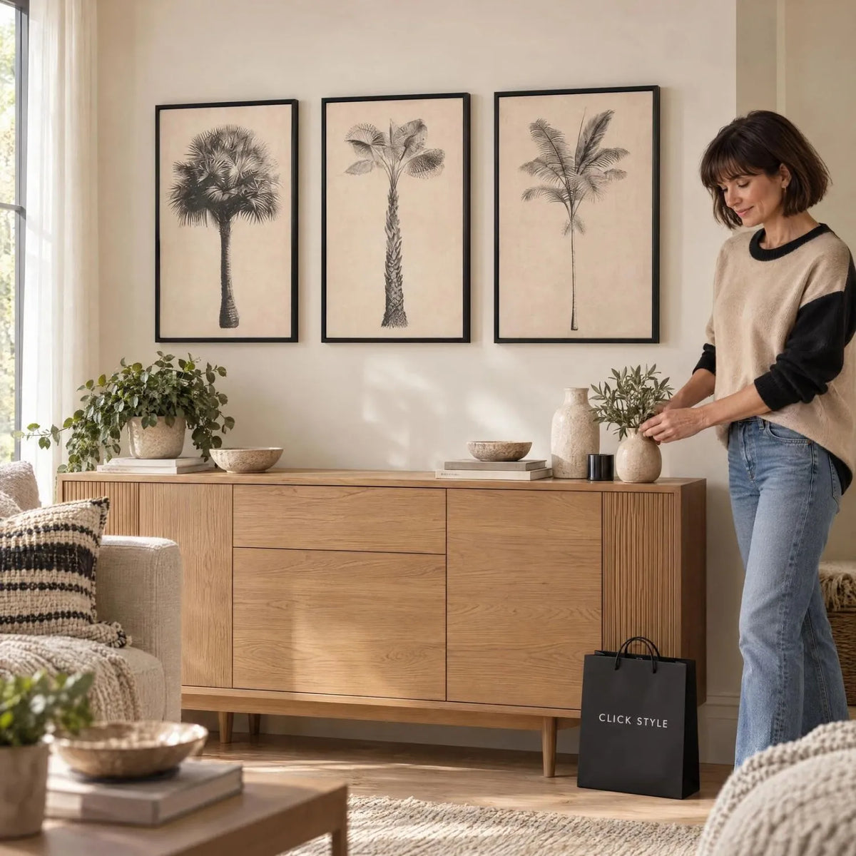 Set of 3 Neutral Beige & Black Framed Palm Tree Canvas Prints with Vintage Botanical Illustrations – Triptych Artwork 60x40x4cm displayed above an oak sideboard with a woman arranging a ceramic vase in a modern living room | Click Style