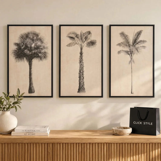 Set of 3 Neutral Beige & Black Framed Palm Tree Canvas Prints with Vintage Botanical Illustrations – Triptych Artwork 60x40x4cm displayed above a light oak sideboard in a contemporary living room with black CLICK STYLE shopping bag | Click Style