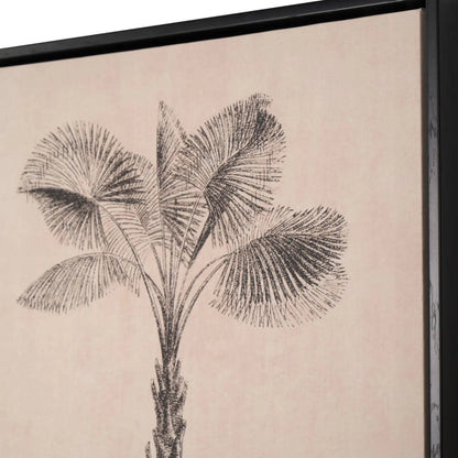 Set of 3 Neutral Beige & Black Framed Palm Tree Canvas Prints with Vintage Botanical Illustrations – Triptych Artwork 60x40x4cm close-up of broad fan-shaped palm leaves with fine black botanical linework and slim black frame | Click Style