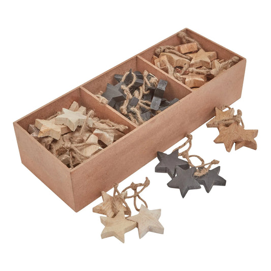 Set of 90 Rustic Brown & Black Wooden Hanging Star Decorations with Distressed Finish Christmas Decorations - Click Style 