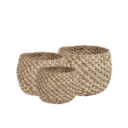 Set of Three Natural Round Seagrass & Palm Leaf Baskets – Two-Tone Plait Weave Decorative Storage 20x45x38cm - Click Style