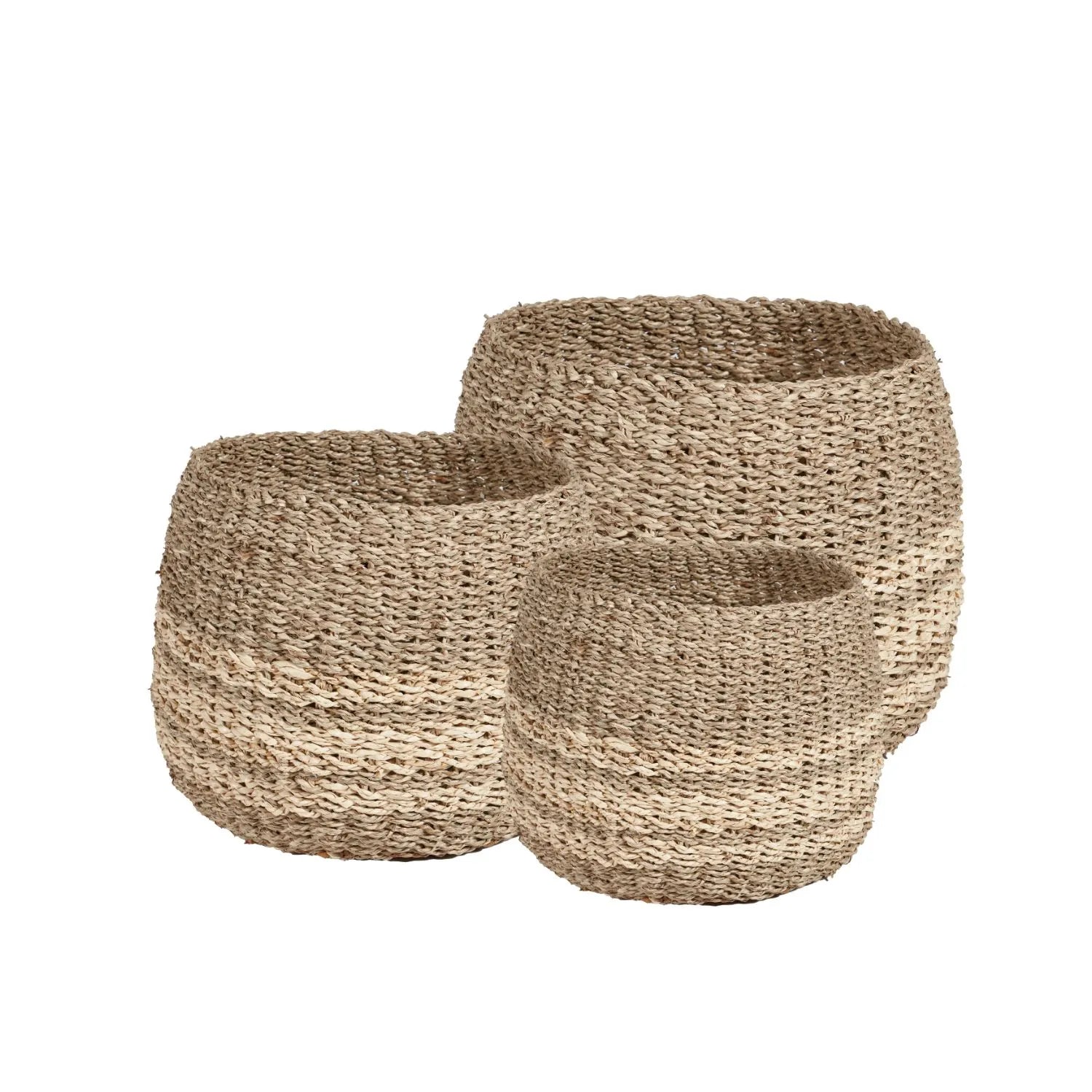 Set of Three Natural Round Seagrass & Palm Leaf Baskets – Two-Tone Woven Decorative Storage 28x43x43cm - Click Style