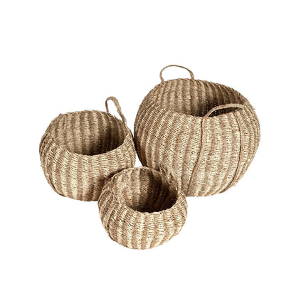 Set of Three Natural Round Seagrass & Palm Leaf Baskets with Handles & Striped Design - Decorative Storage 40x57.5x57.5cm - Click Style