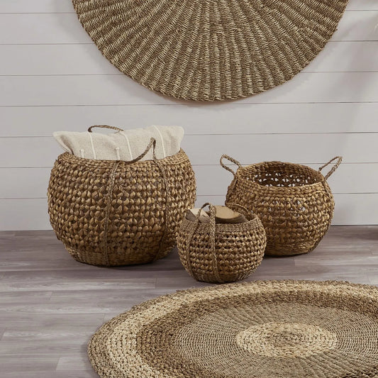 Set of Three Natural Round Seagrass & Palm Leaf Baskets with Handles & Striped Design - Decorative Storage 40x57.5x57.5cm - Click Style