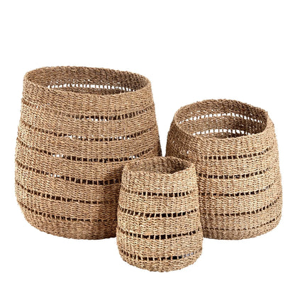 Set of Three Round Natural Seagrass Baskets – Open Weave Woven Decorative Storage 42x45x45cm - Click Style