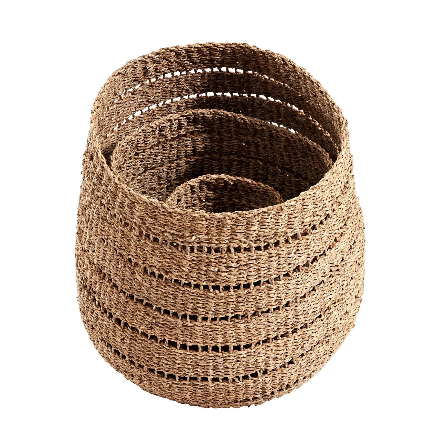 Set of Three Round Natural Seagrass Baskets – Open Weave Woven Decorative Storage 42x45x45cm - Click Style