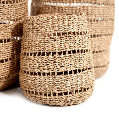 Set of Three Round Natural Seagrass Baskets – Open Weave Woven Decorative Storage 42x45x45cm - Click Style