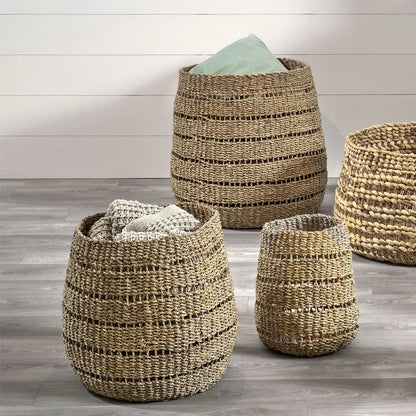 Set of Three Round Natural Seagrass Baskets – Open Weave Woven Decorative Storage 42x45x45cm - Click Style