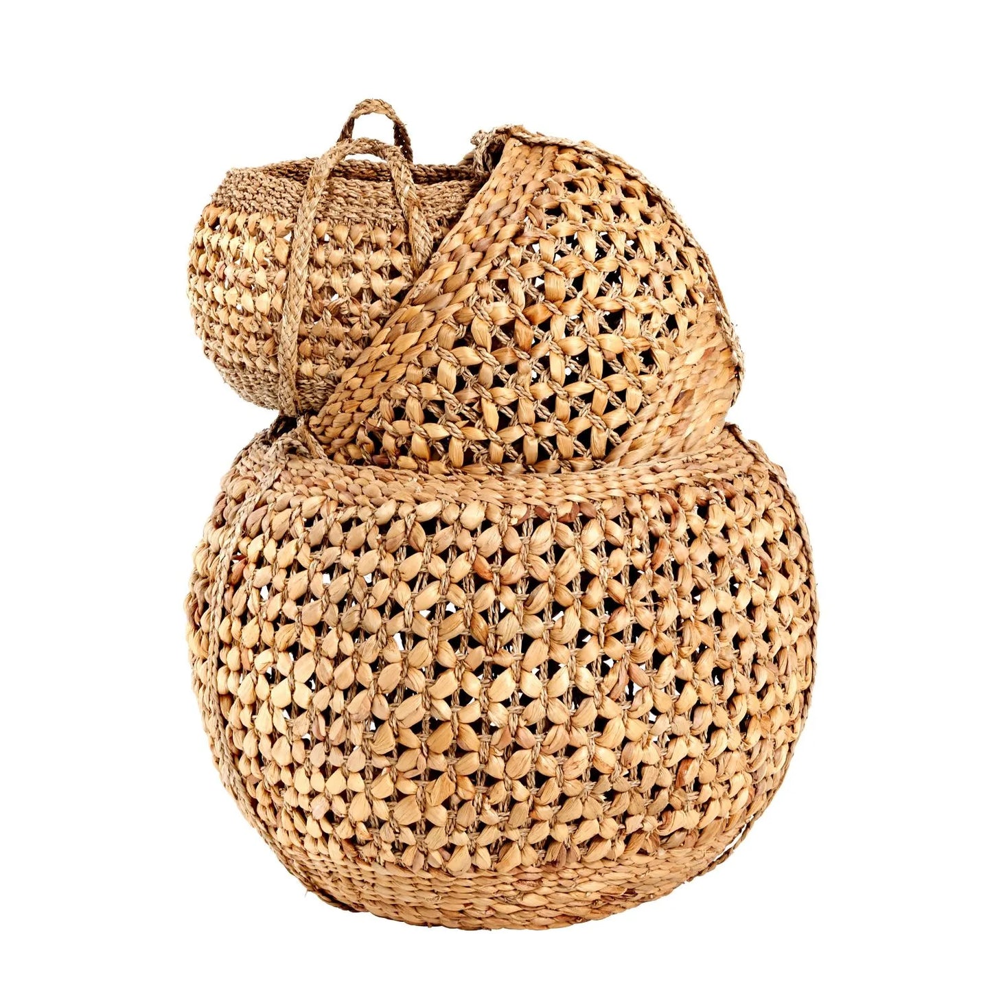 Set of Three Round Natural Water Hyacinth Baskets with Handles – Handwoven Decorative Storage 40x56x56cm - Click Style