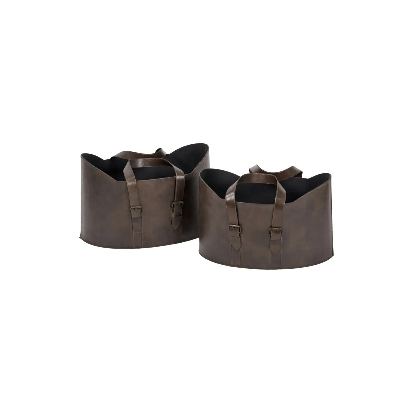 Set of Two Dark Brown Leather Handled Storage Baskets with Satchel Buckle Detail – Sculptural Storage Bins with Carry Handles 34x50x40cm | Click Style
