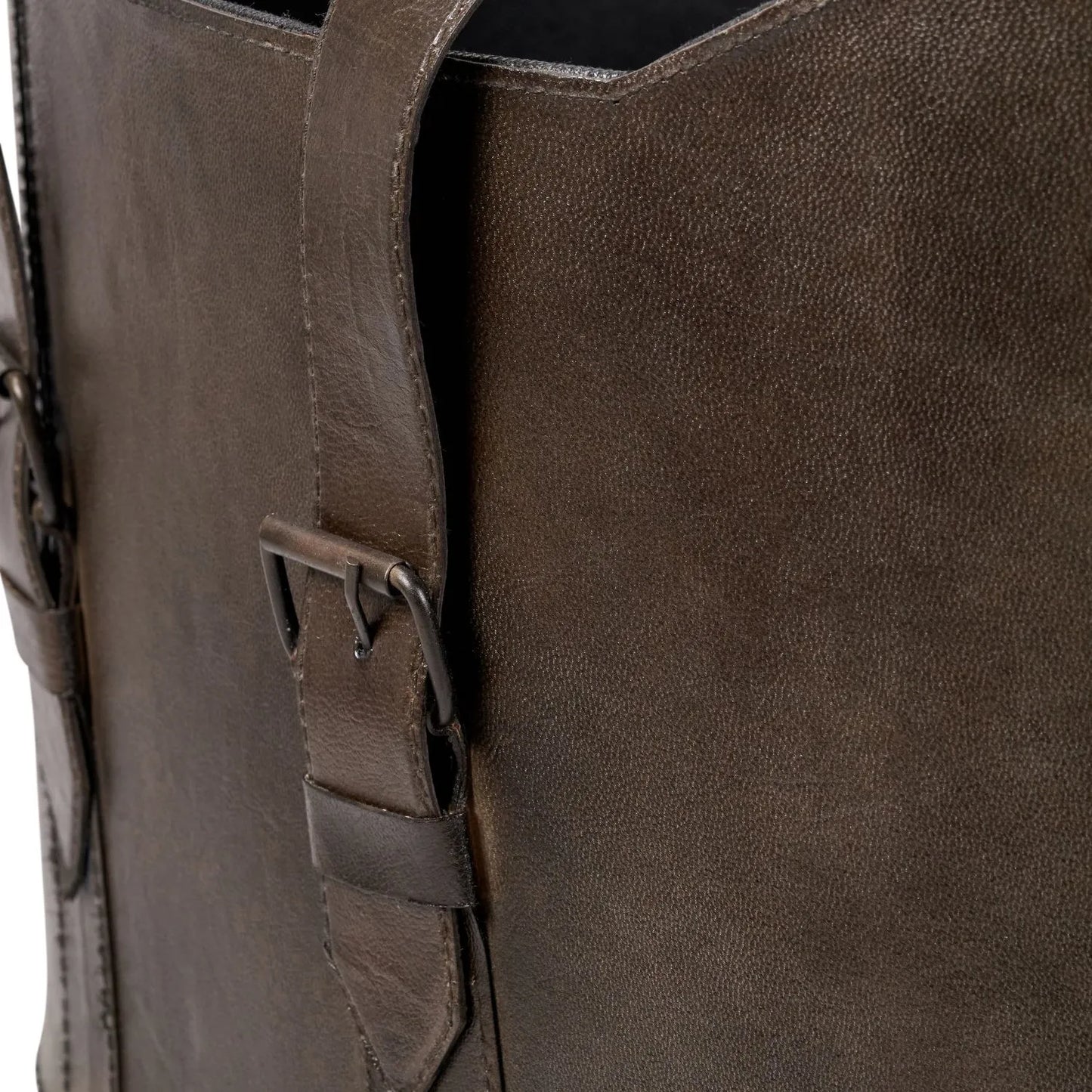 Set of Two Dark Brown Leather Handled Storage Baskets with Satchel Buckle Detail – Sculptural Storage Bins with Carry Handles 34x50x40cm | Click Style