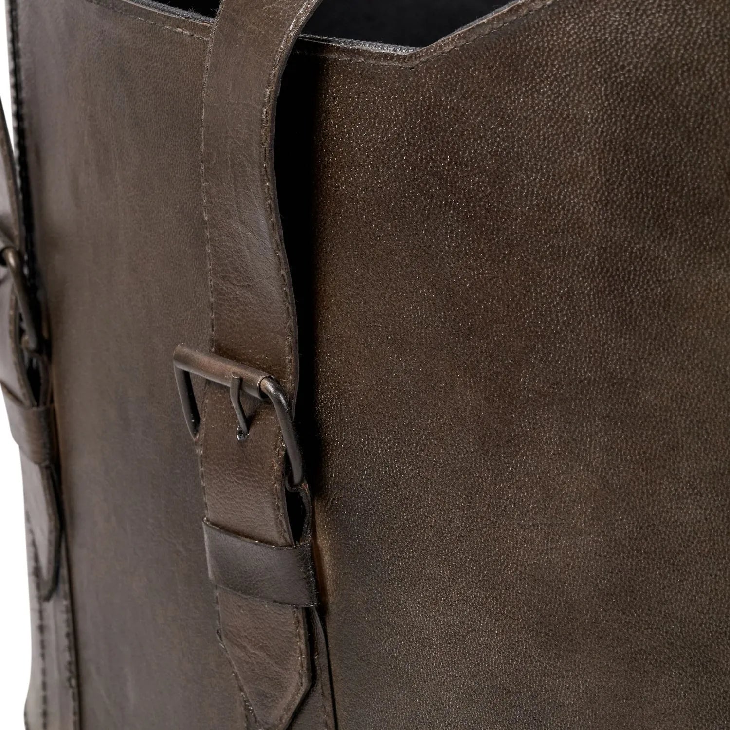 Set of Two Dark Brown Leather Handled Storage Baskets with Satchel Buckle Detail – Sculptural Storage Bins with Carry Handles 34x50x40cm | Click Style