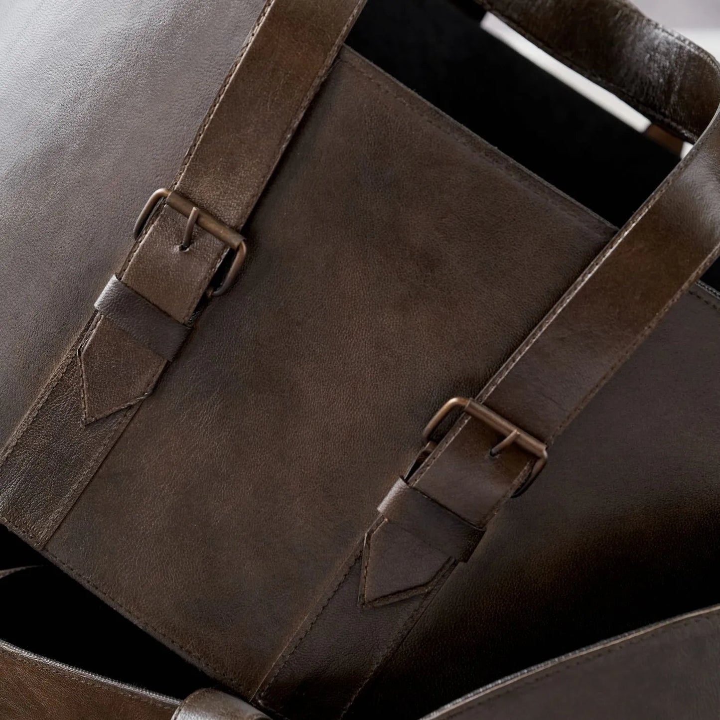 Set of Two Dark Brown Leather Handled Storage Baskets with Satchel Buckle Detail – Sculptural Storage Bins with Carry Handles 34x50x40cm | Click Style