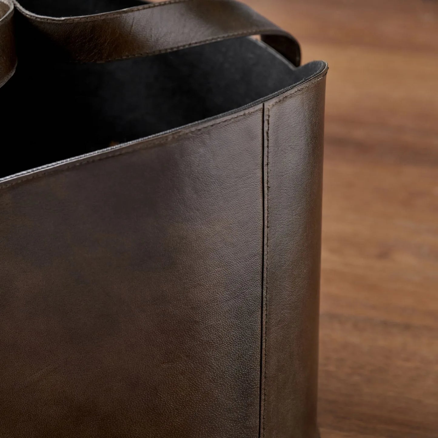 Set of Two Dark Brown Leather Handled Storage Baskets with Satchel Buckle Detail – Sculptural Storage Bins with Carry Handles 34x50x40cm | Click Style