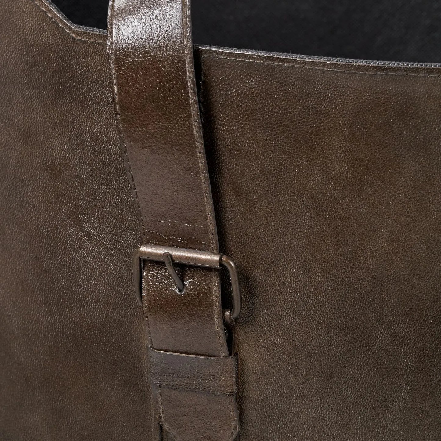 Set of Two Dark Brown Leather Handled Storage Baskets with Satchel Buckle Detail – Sculptural Storage Bins with Carry Handles 34x50x40cm | Click Style