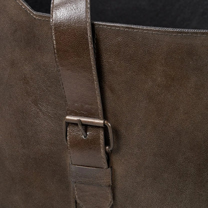 Set of Two Dark Brown Leather Handled Storage Baskets with Satchel Buckle Detail – Sculptural Storage Bins with Carry Handles 34x50x40cm | Click Style