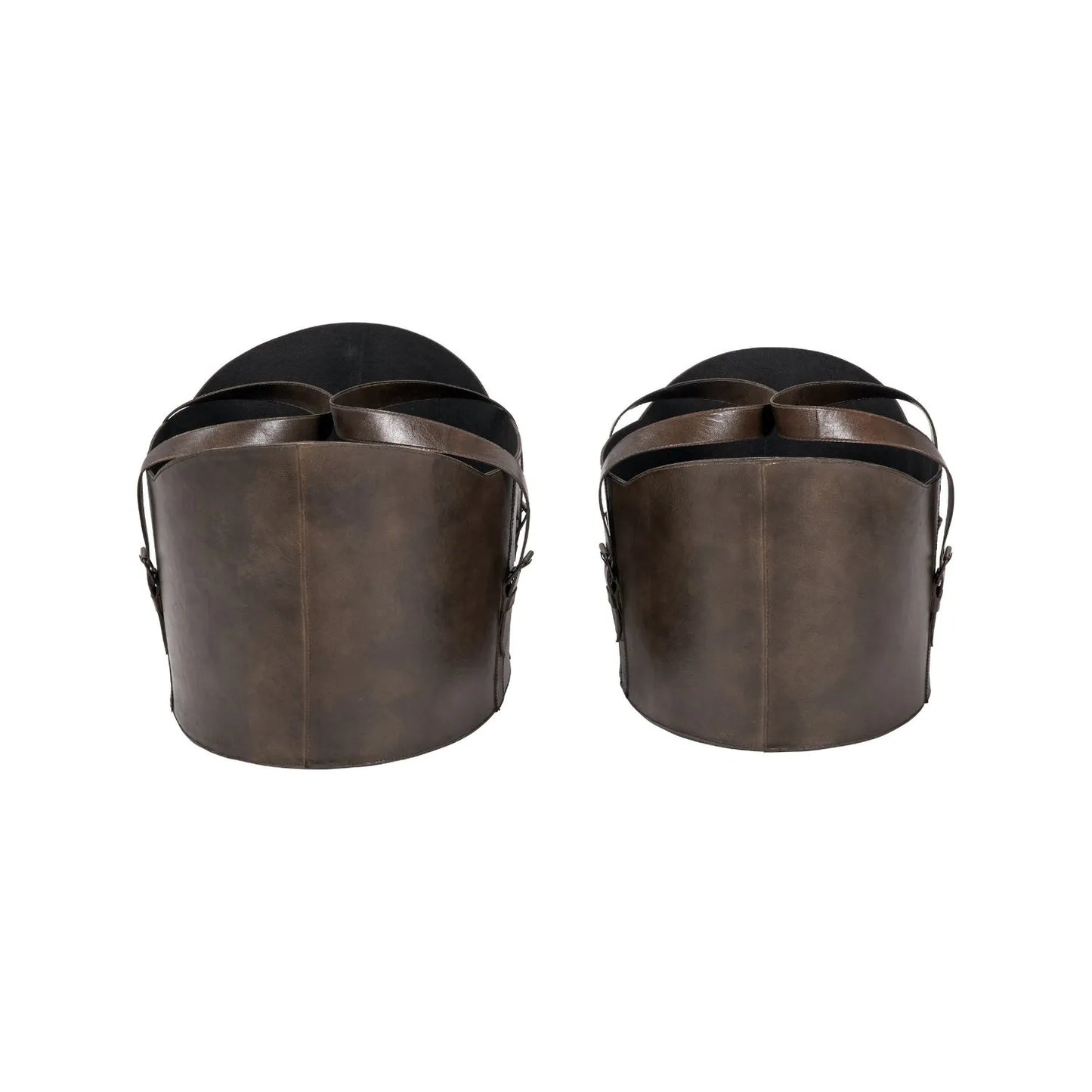 Set of Two Dark Brown Leather Handled Storage Baskets with Satchel Buckle Detail – Sculptural Storage Bins with Carry Handles 34x50x40cm | Click Style