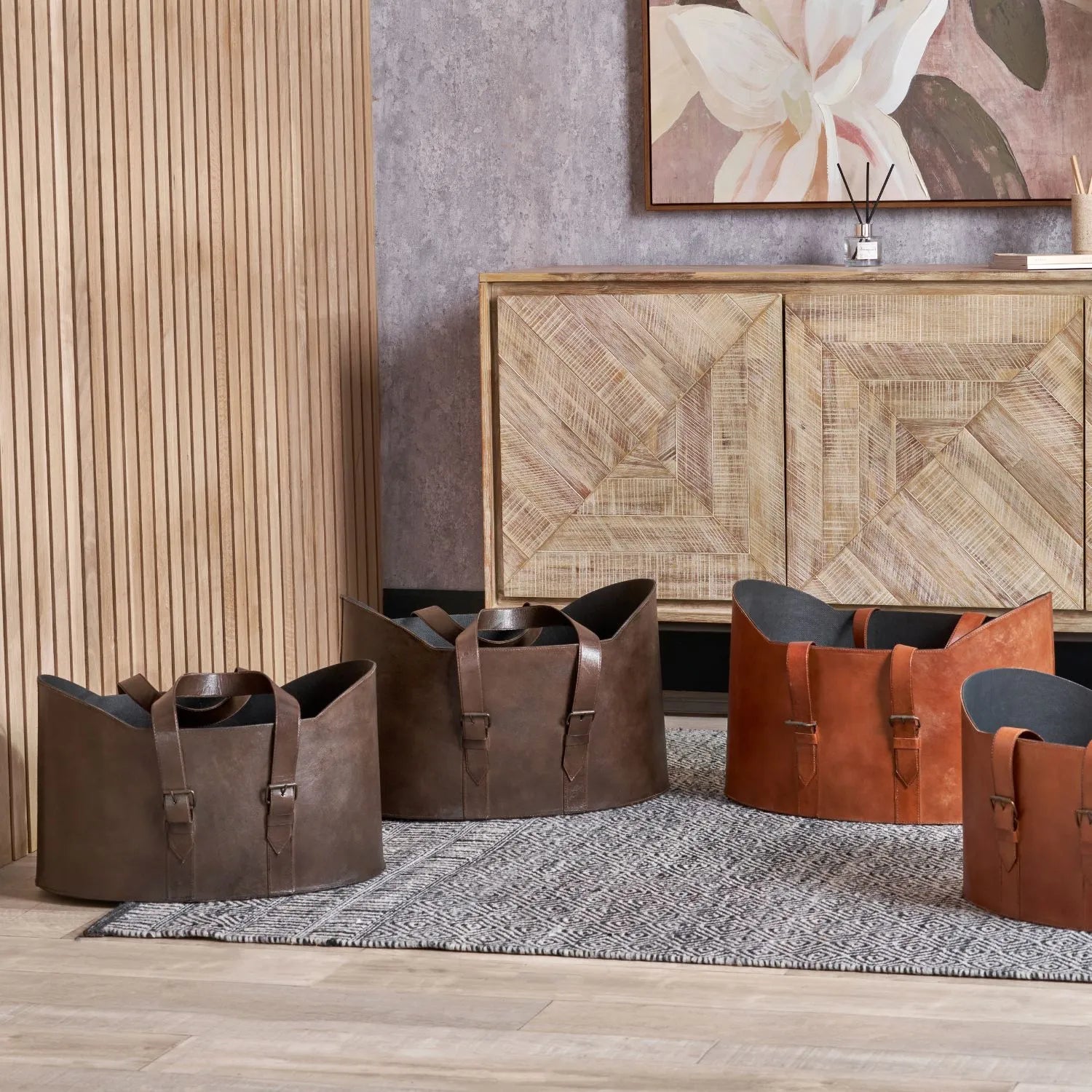 Set of Two Dark Brown Leather Handled Storage Baskets with Satchel Buckle Detail – Sculptural Storage Bins with Carry Handles 34x50x40cm | Click Style