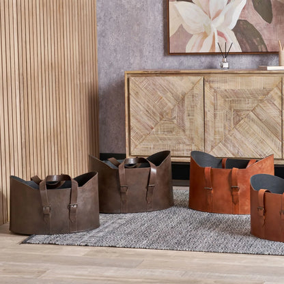 Set of Two Dark Brown Leather Handled Storage Baskets with Satchel Buckle Detail – Sculptural Storage Bins with Carry Handles 34x50x40cm | Click Style