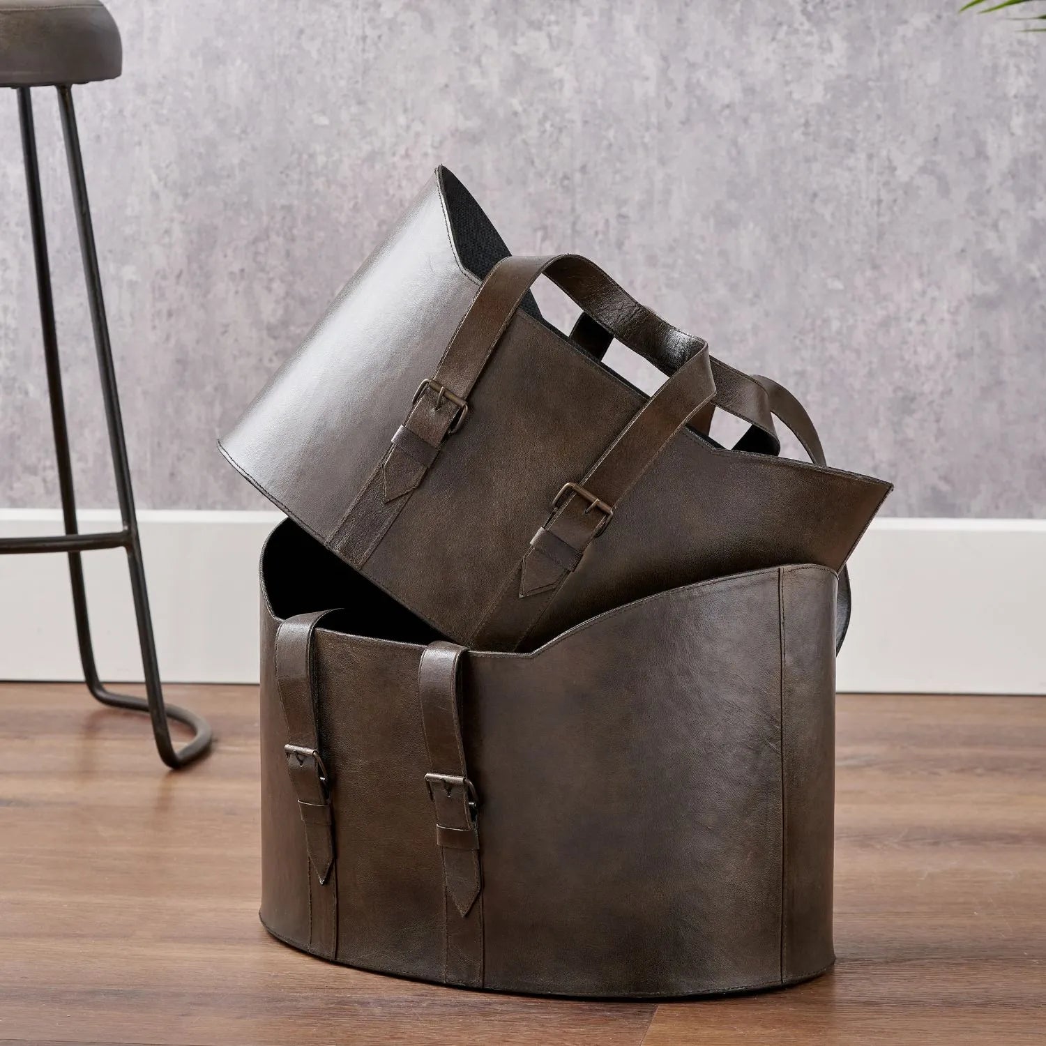 Set of Two Dark Brown Leather Handled Storage Baskets with Satchel Buckle Detail – Sculptural Storage Bins with Carry Handles 34x50x40cm | Click Style