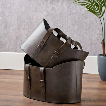 Set of Two Dark Brown Leather Handled Storage Baskets with Satchel Buckle Detail – Sculptural Storage Bins with Carry Handles 34x50x40cm | Click Style