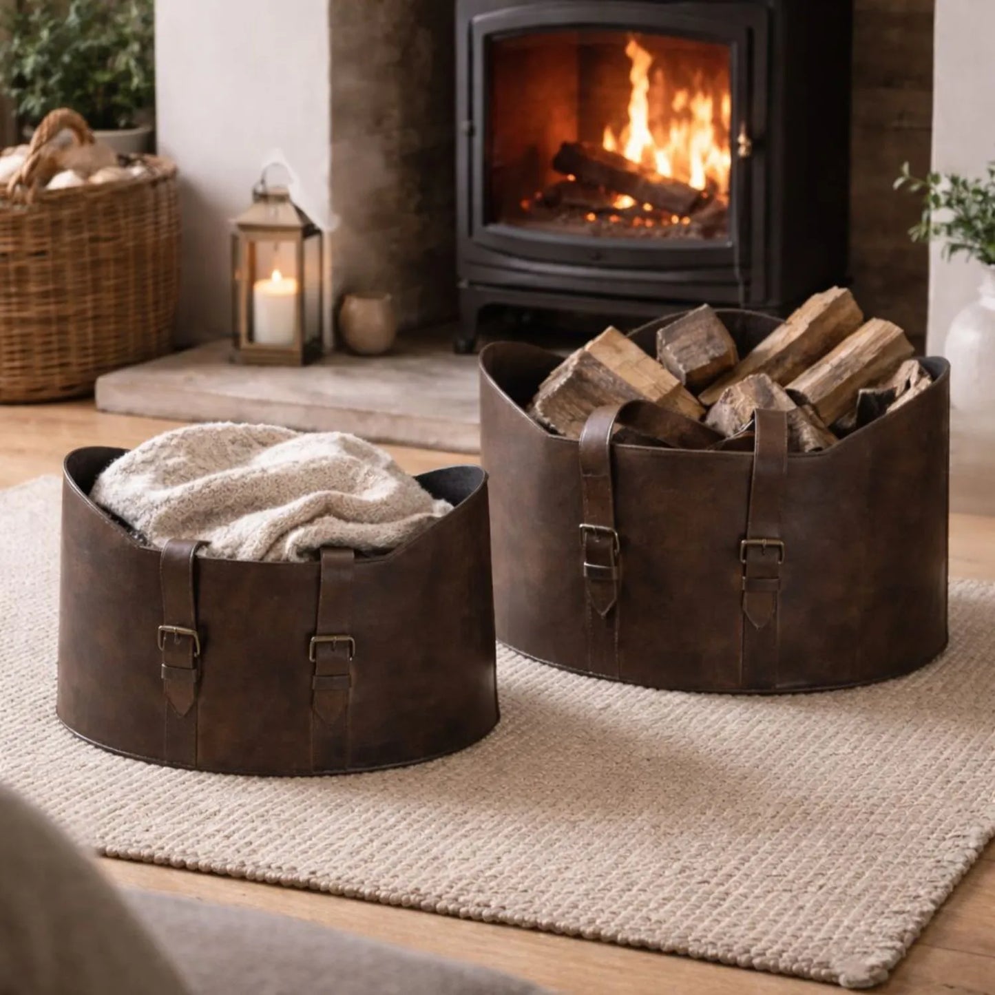 Set of Two Dark Brown Leather Handled Storage Baskets with Satchel Buckle Detail – Sculptural Storage Bins with Carry Handles 34x50x40cm | Click Style