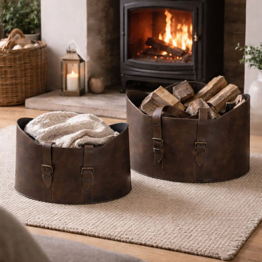 Set of Two Dark Brown Leather Handled Storage Baskets with Satchel Buckle Detail – Sculptural Storage Bins with Carry Handles 34x50x40cm | Click Style