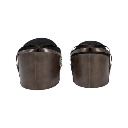 Set of Two Dark Brown Leather Storage Baskets with Carry Handles & Buckle Straps – Sculptural Storage Bins 34x50x40cm Side Product View | Click Style