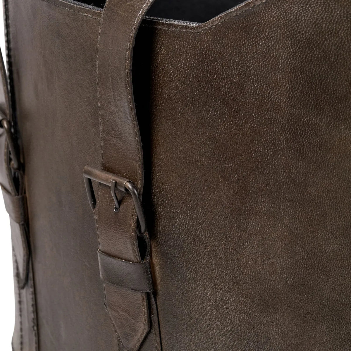 Set of Two Dark Brown Leather Storage Baskets with Carry Handles & Buckle Straps – Sculptural Storage Bins 34x50x40cm Buckle Strap & Leather Detail | Click Style